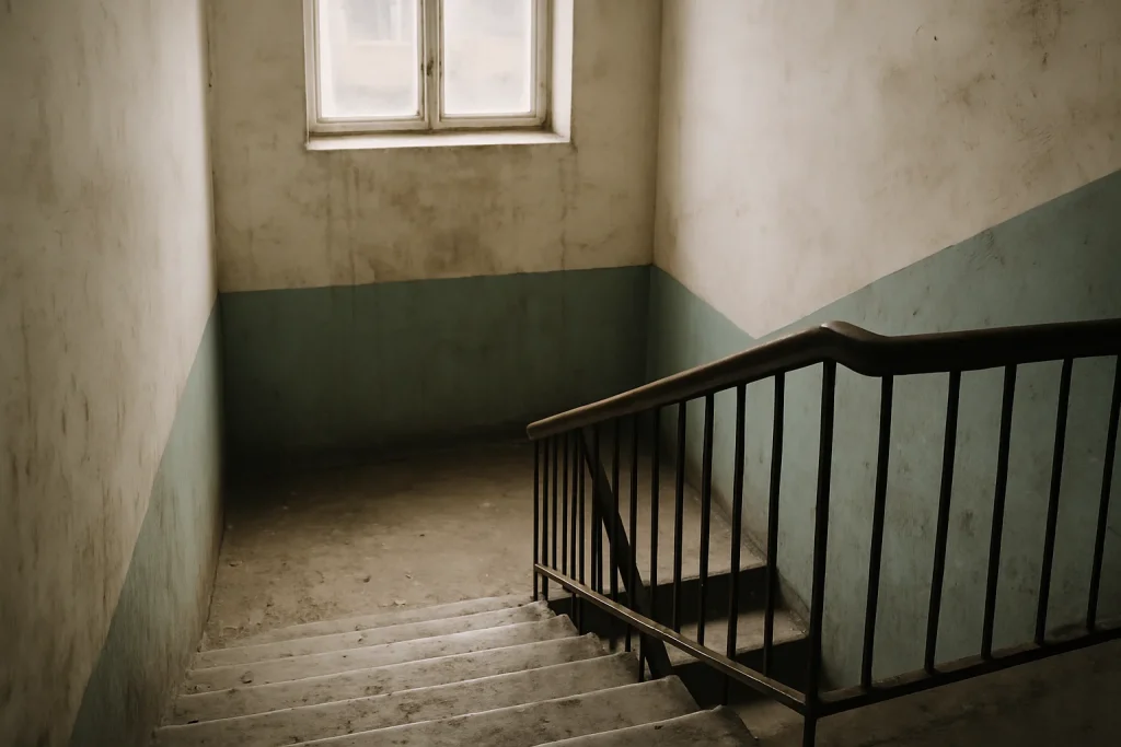 Cage d'escalier d'immeuble avec murs tachés et sol sale, lumière naturelle.