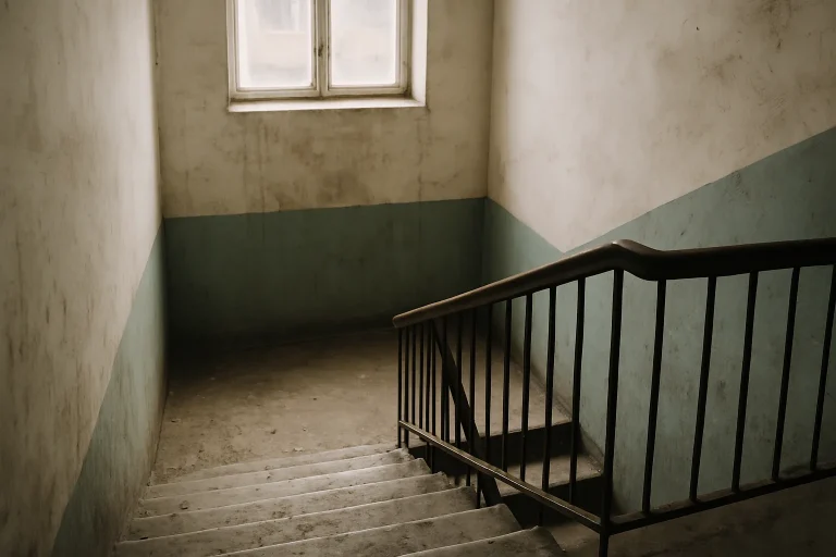 Cage d'escalier d'immeuble avec murs tachés et sol sale, lumière naturelle.