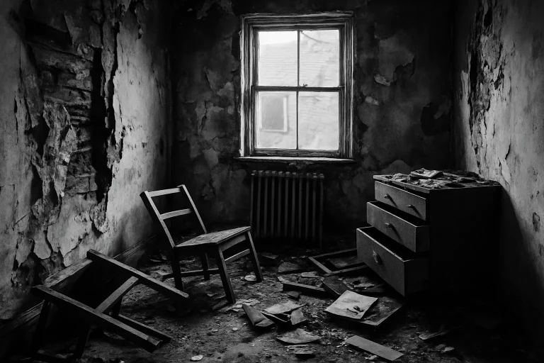 Intérieur endommagé par un sinistre, lumière naturelle, objets renversés
