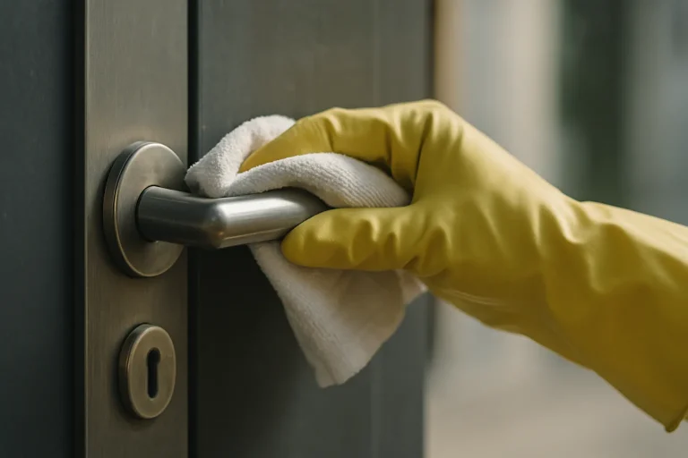 Mains gantées nettoyant une poignée de porte dans un immeuble résidentiel, lumière naturelle.
