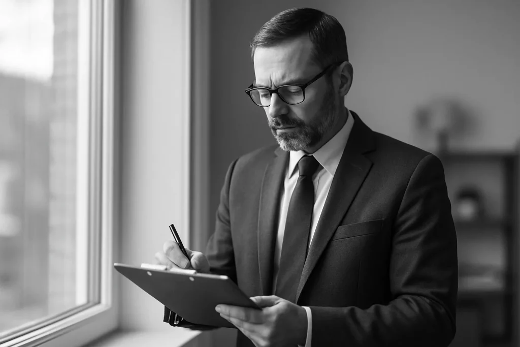 Expert d'assurance prenant des notes dans un logement avant nettoyage, lumière douce.