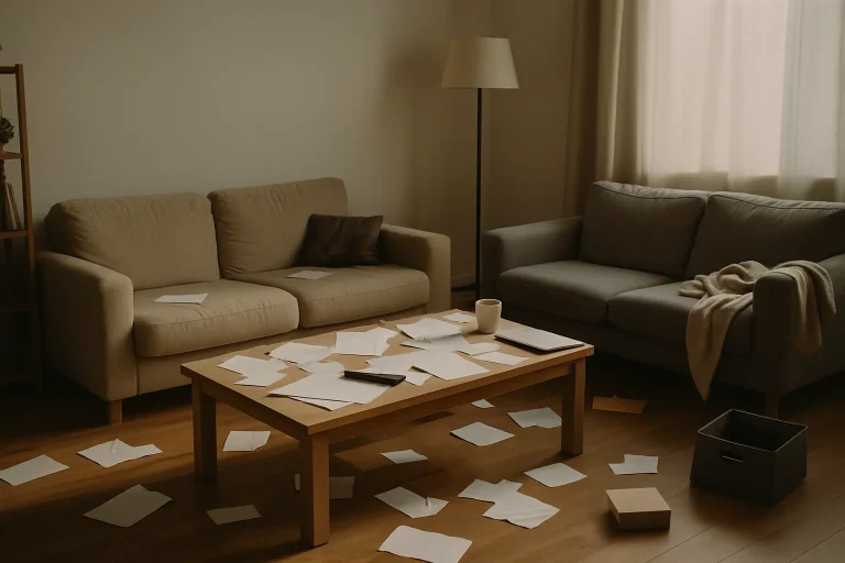 Un salon encombré avec des papiers et objets éparpillés, éclairage doux.