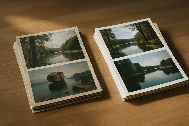 Photos imprimées avant et après nettoyage sur une table en bois.