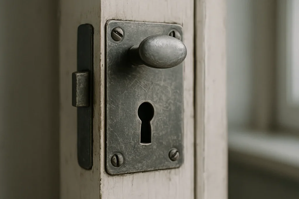 Gros plan sur une serrure usée d'appartement, lumière naturelle, texture visible