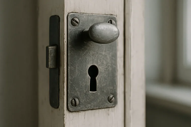 Gros plan sur une serrure usée d'appartement, lumière naturelle, texture visible