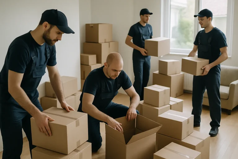 Équipe de déménageurs triant des cartons dans une maison lors d'une succession urgente.
