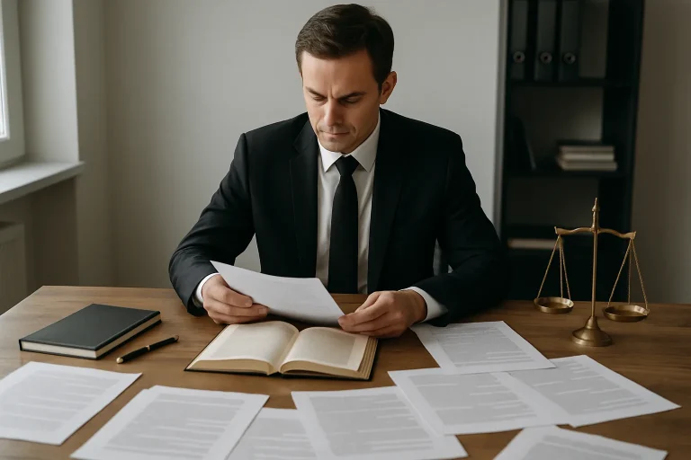 Un avocat examine des documents juridiques sur une grande table en bois, éclairage neutre.