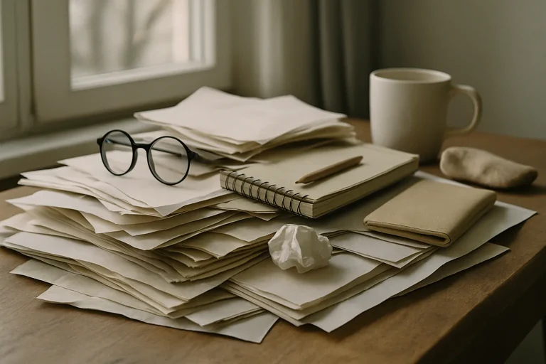 Gros plan sur des papiers et objets divers entassés sur une table encombrée, éclairage naturel.