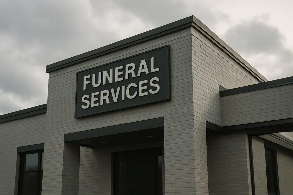 Extérieur d'un bâtiment de services funéraires sous un ciel nuageux.
