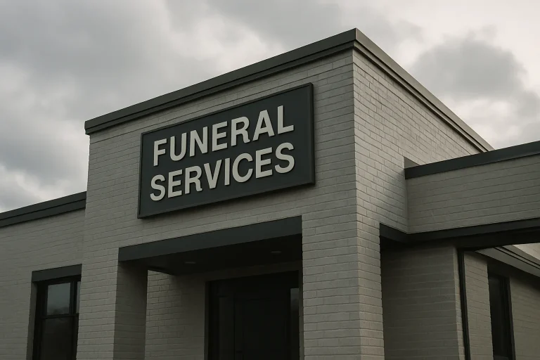 Extérieur d'un bâtiment de services funéraires sous un ciel nuageux.