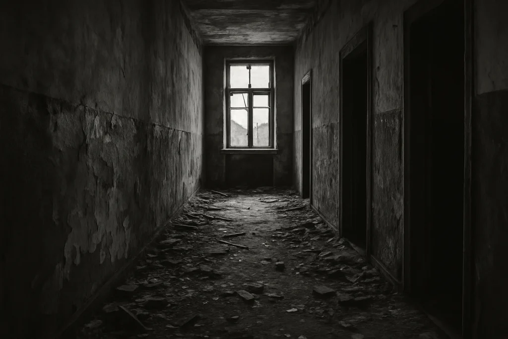 Couloir d'immeuble délabré avec débris, murs écaillés et faible lumière.
