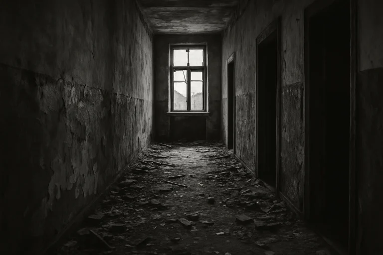 Couloir d'immeuble délabré avec débris, murs écaillés et faible lumière.
