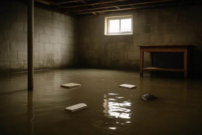 Sous-sol inondé avec reflets d'eau et murs humides, lumière douce.