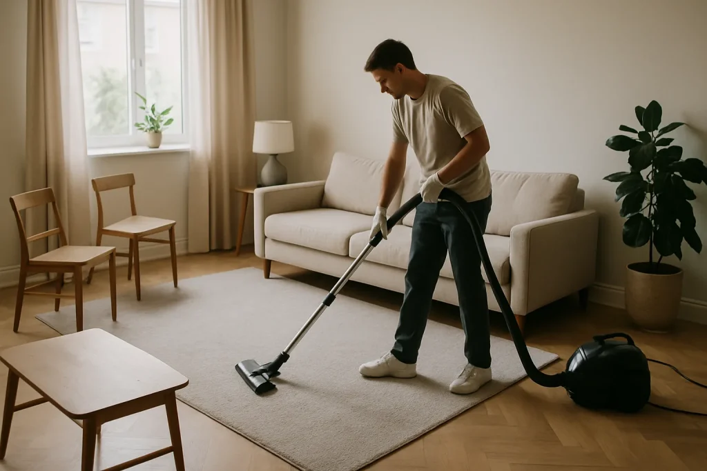 Un agent d'entretien passe l'aspirateur sur un tapis dans un salon en pleine lumière du matin.