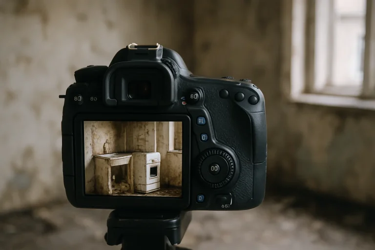 Appareil photo montrant des images d'un logement insalubre, lumière naturelle.