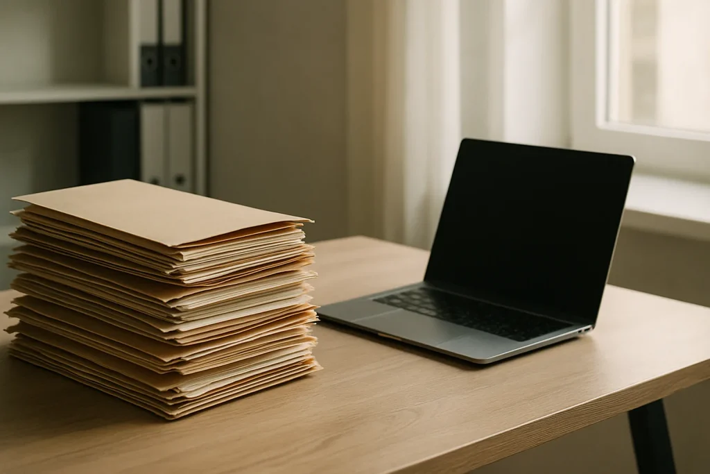 Bureau avec dossiers empilés et ordinateur portable ouvert, lumière douce