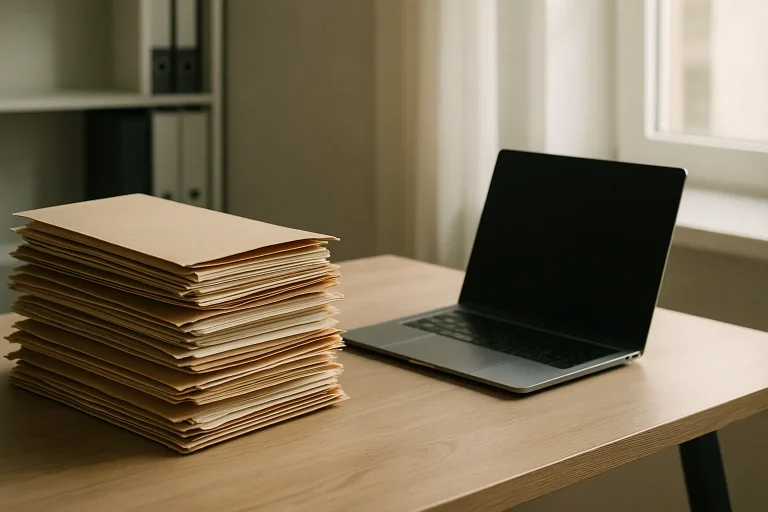 Bureau avec dossiers empilés et ordinateur portable ouvert, lumière douce