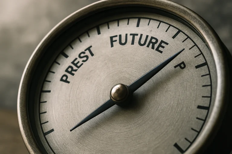 Compteur de temps, aiguille pointant vers l'avenir, fond flou.