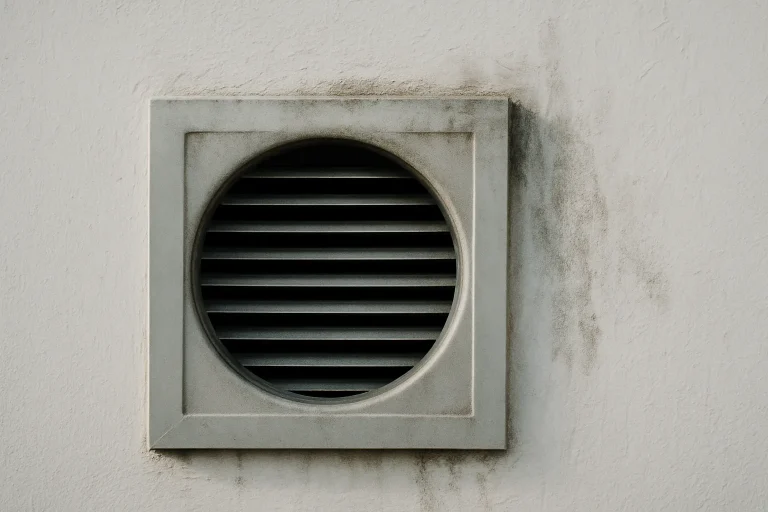 Conduit d'aération d'un immeuble avec des traces d'humidité, lumière naturelle.