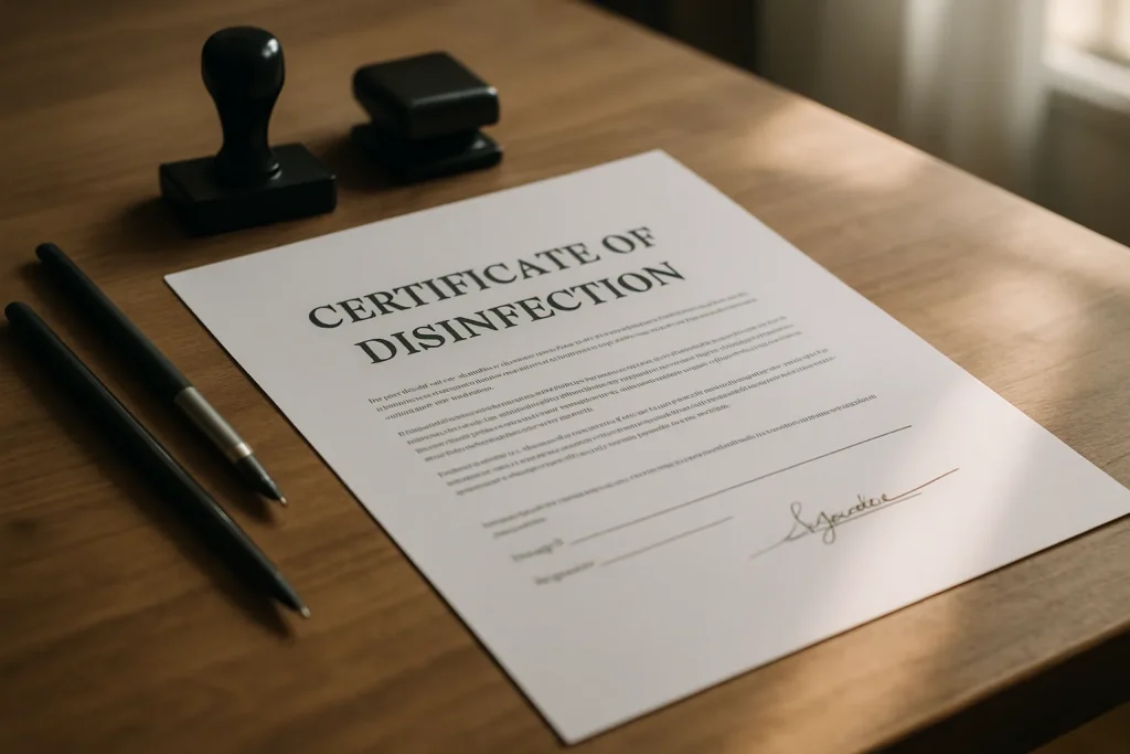 Attestation de désinfection signée sur un bureau, avec stylos et tampons encreurs.