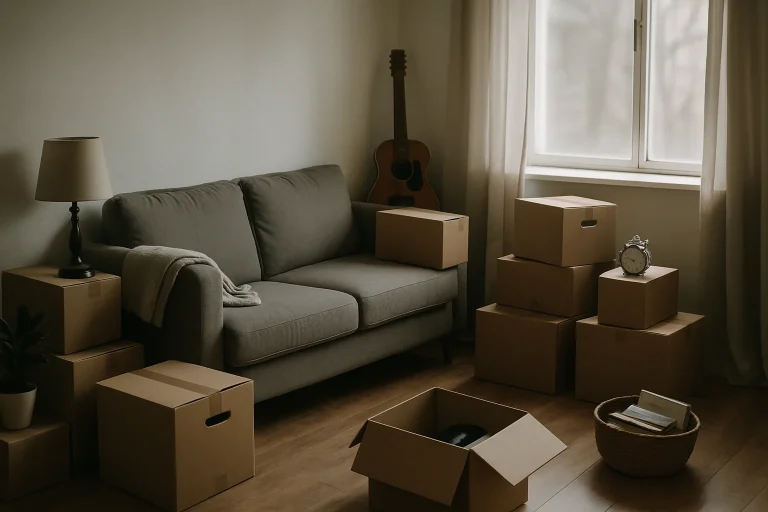 Salon encombré de cartons de déménagement et d'effets personnels, lumière douce