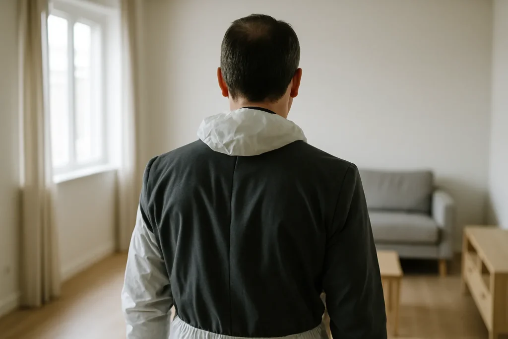 Silhouette d'un expert judiciaire inspectant une pièce nettoyée, lumière douce