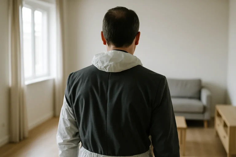 Silhouette d'un expert judiciaire inspectant une pièce nettoyée, lumière douce